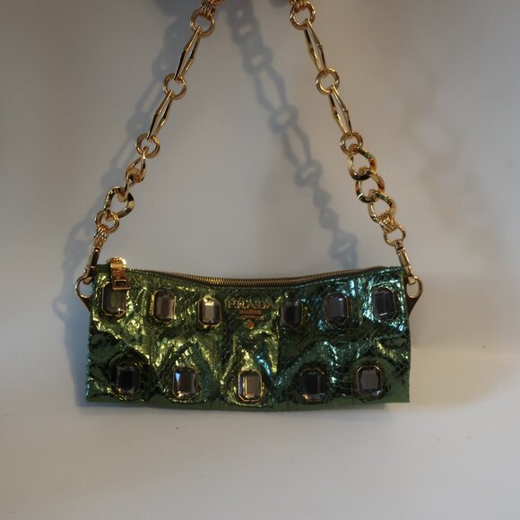 Womens Prada Green Kiwi Mordore Jeweled Python Leather Clutch Handbag - Picture 1 of 16